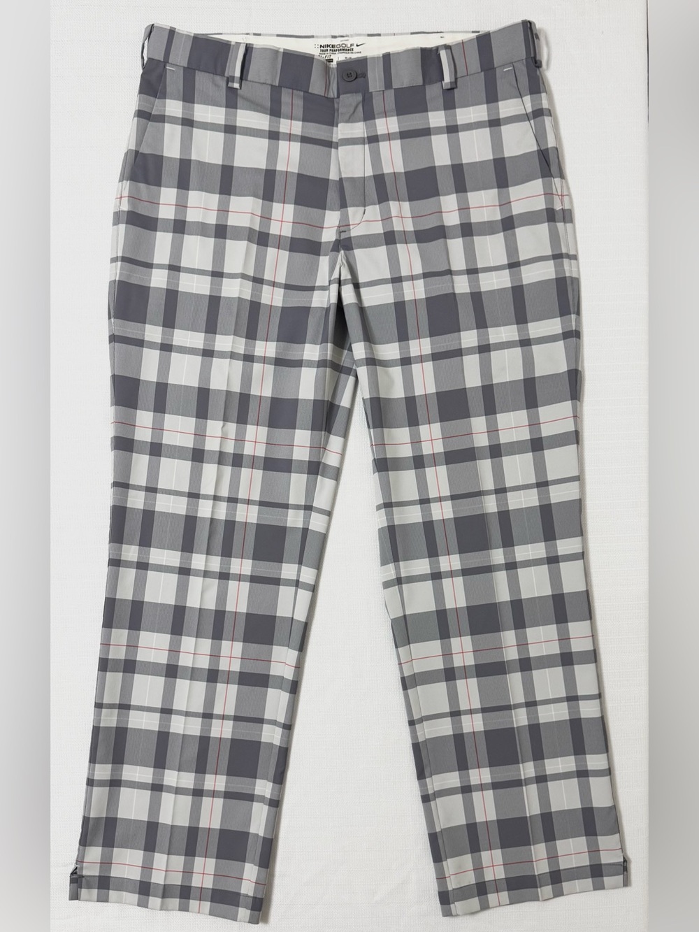 Nike Golf Pants Tour Performance Mens 35 X30 Gray White Red Plaid Dri-Fit